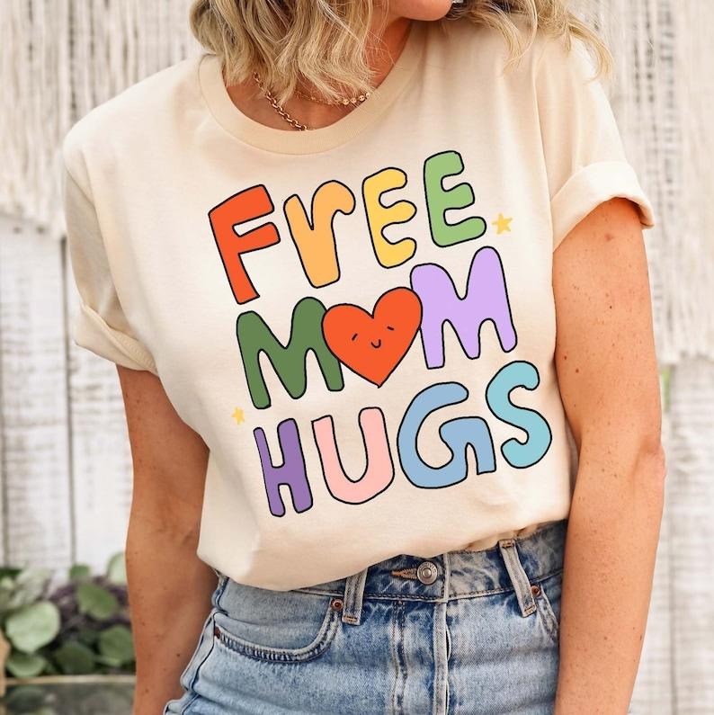 Free Mom Hugs Tshirt, Cute Doodle Mom Shirt, Rainbow Gay Pride T-Shirt, Lgbtq Parent Shirt, Equality Gifts, Rainbow Heart T-Shirt,Proud Shirt