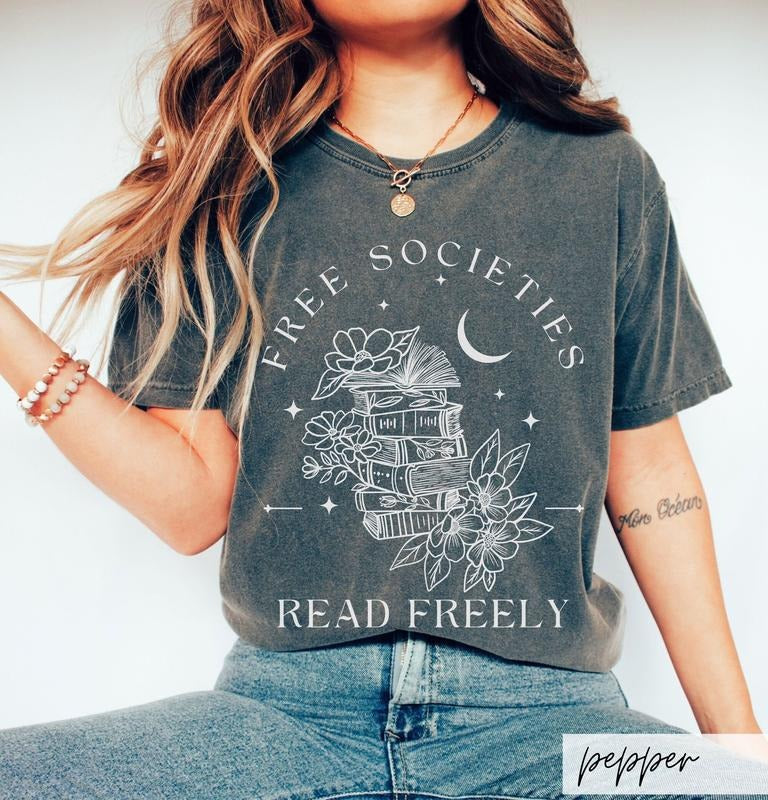 Free Societies Read Freely T-Shirt, Bookish Literary Freadom Gift, Boho Reading Teacher Tee, Celestial Floral Booktivism TShirt