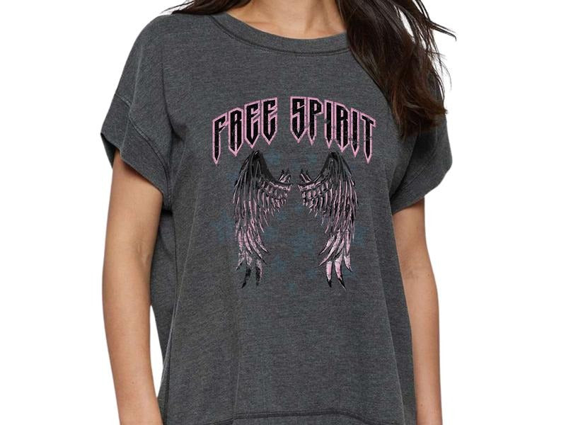 Free Spirit Vintage-Inspired Drop Shoulder Women's T-Shirt - Distressed Graphic Tee with Wings - Retro Vibes Drop Shoulder Women's Shirt