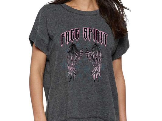 Free Spirit Vintage-Inspired Drop Shoulder Women's T-Shirt - Distressed Graphic Tee with Wings - Retro Vibes Drop Shoulder Women's Shirt