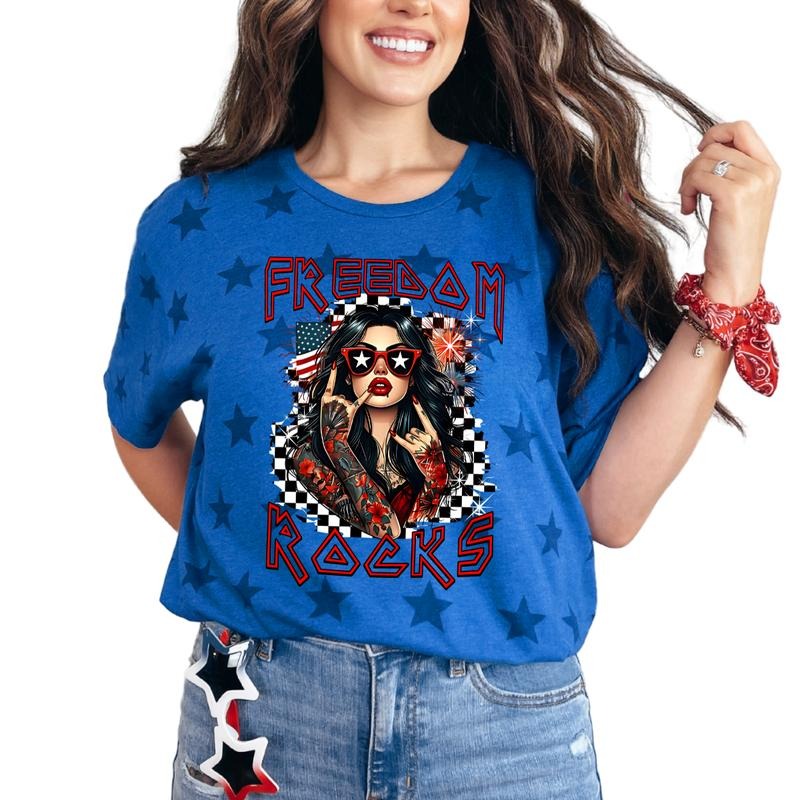 Freedom Rocks Independent Day Star TShirt,  Womenswear Streetwear Summer Gothic Fashion Shortsleeve Cotton