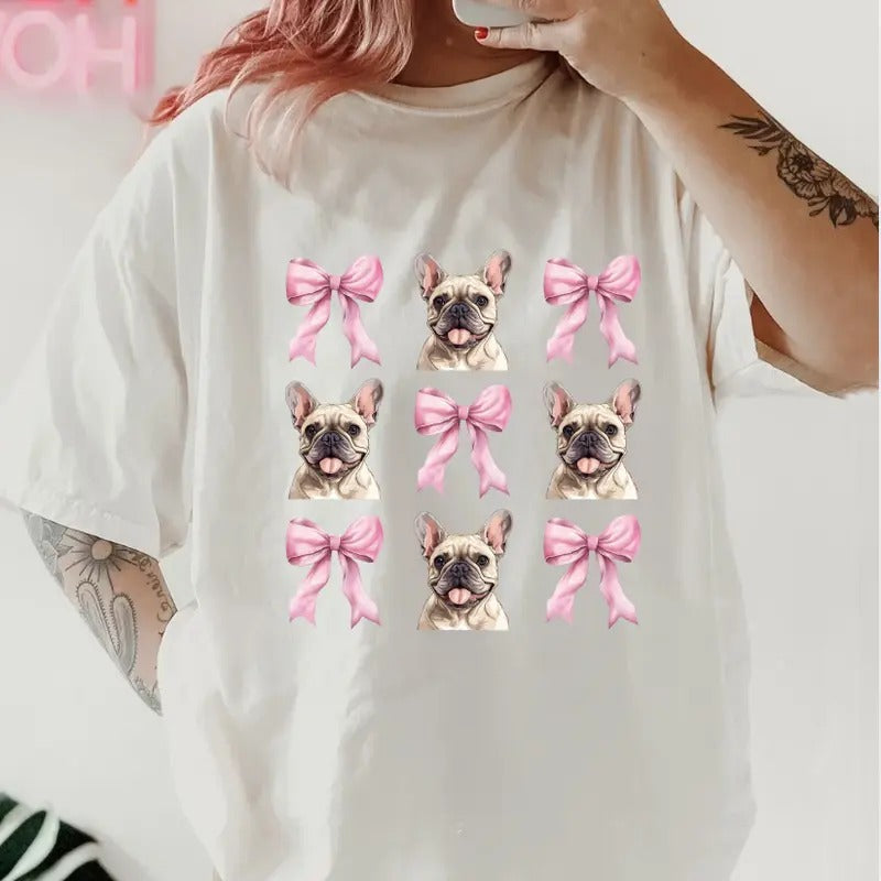 French Bulldog with bows Shirt ~ Unisex Apparel Relaxed Fit Printed In The USA Clothing Womenswear Casual Comfort Cotton Top Athletic Boho Chic