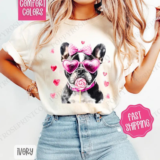 Frenchie Valentine Shirt Comfort Colors, Dog Valentine's Day Women's Tee, Cute Women's Tshirt