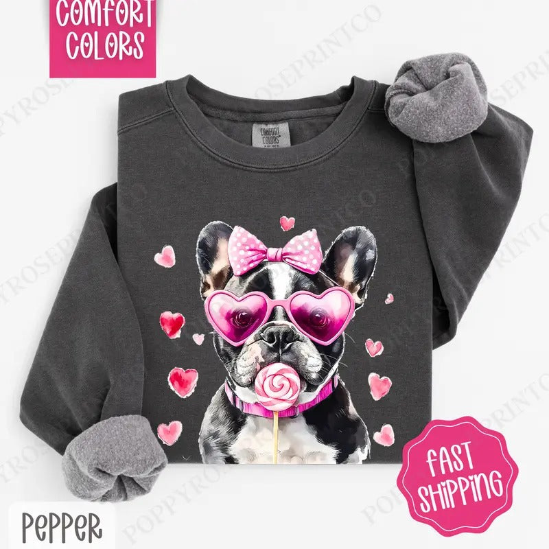 Frenchie Valentine Sweatshirt Comfort Colors, Dig Valentine's Day Women's Crewneck, Cute Women's Sweater