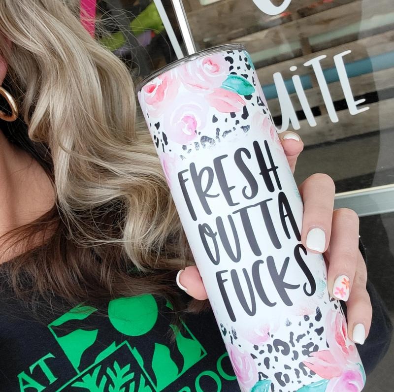 Fresh Outta Fucks Skinny Tumbler  Cup Drinkware Portable T-Shirts, Hoodie, Sweatshirt | WearSparks.com