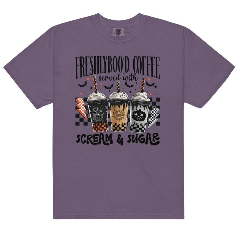 Freshly Boo'd Coffee Graphic Tee Comfort Colors Halloween Unisex Apparel Relaxed Fit Printed in the USA Clothing Women's Wear Casual Top Athletic Boho Chic Unisex T-shirt 100% Ring-Spun Cotton Breathable Fabric Everyday Wear Streetwear