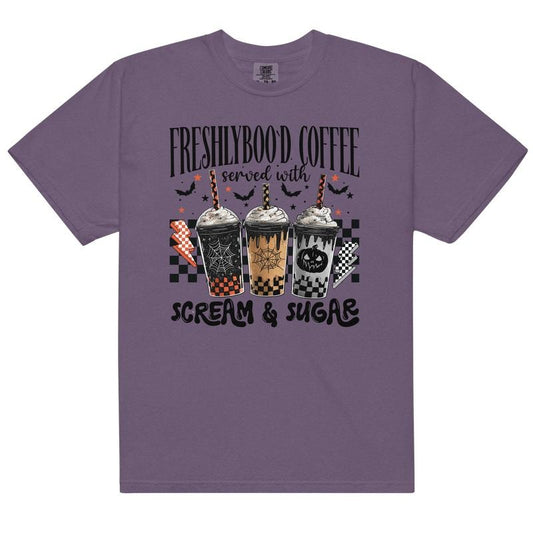 Freshly Boo'd Coffee Graphic Tee Comfort Colors Halloween Unisex Apparel Relaxed Fit Printed in the USA Clothing Women's Wear Casual Top Athletic Boho Chic Unisex T-shirt 100% Ring-Spun Cotton Breathable Fabric Everyday Wear Streetwear