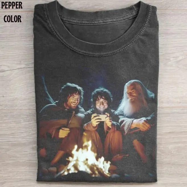 Frodo And Galdalf Have Good Time With Smart Phone Graphic T-shirt, Meme Movie characters Shirts, Unisex Lord of the Rings Movie Shirt Menswear Womenswear Streetwear