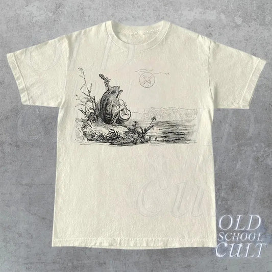 Frog Guitar 90s Retro Shirt, Vintage Frog 2000s Graphic T-Shirt, Cute Funny Toad Tee, Frog Lovers Unisex Cotton Tee, Beige Oversize Shirt