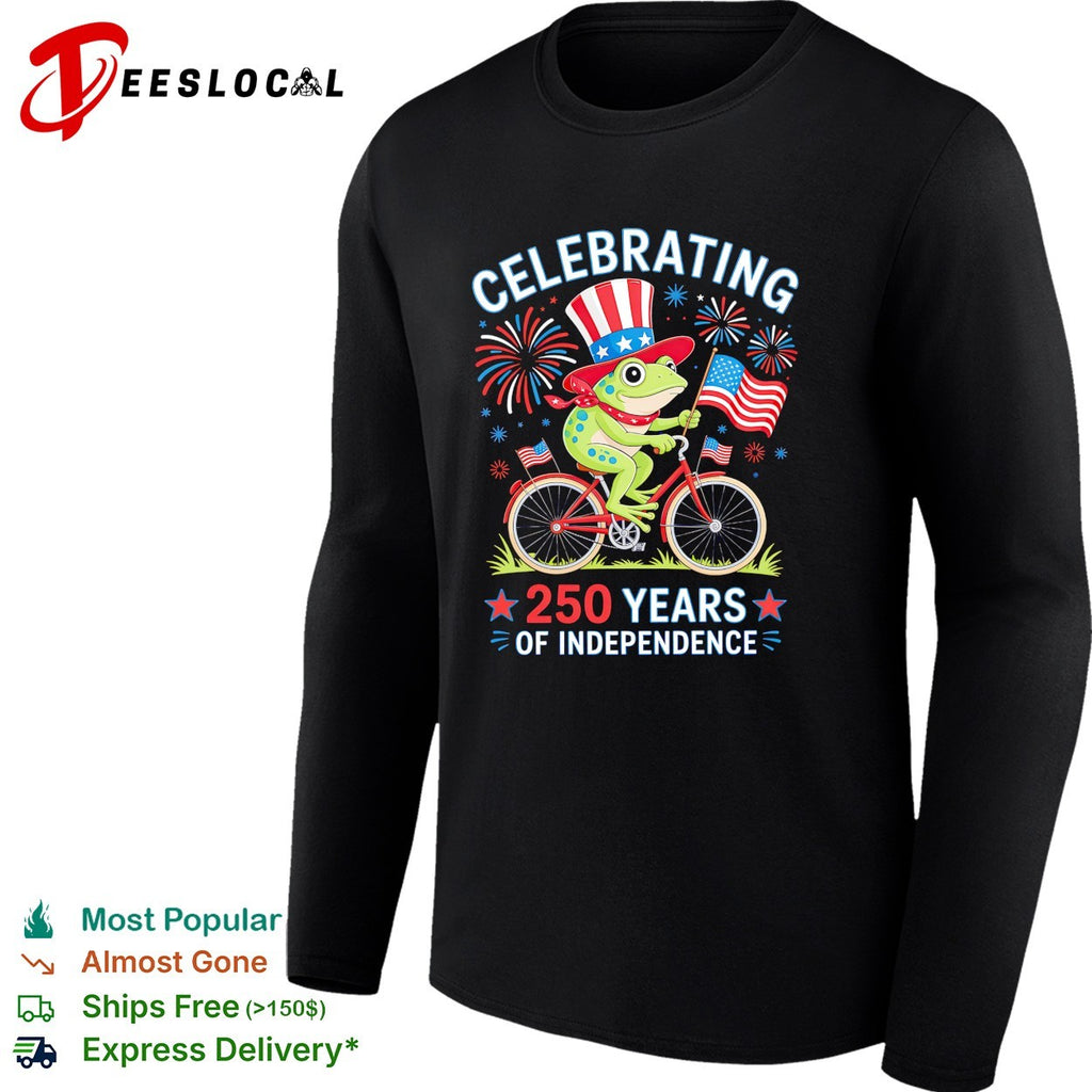 Frog wearing Uncle Sam hat riding bicycle celebrating 250 years of independence shirt