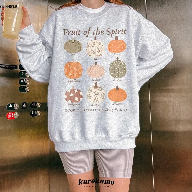 Fruit of the Spirit Bible Verse Crewneck Pumpkin Botanical Sweatshirt Cotton Womenswear