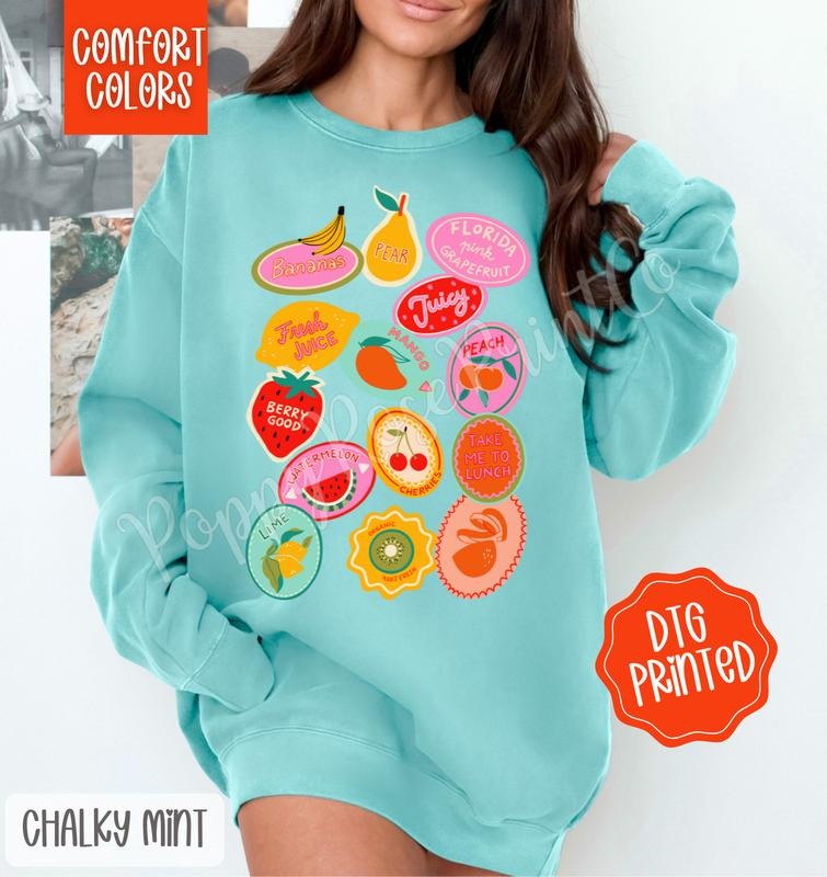 Fruit stickers Comfort Colors Sweatshirt, Trendy Women's Crewneck