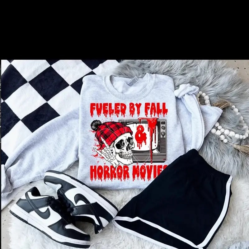 Fueled By Fall & Horror Movies  Sweatshirt - Ash Grey