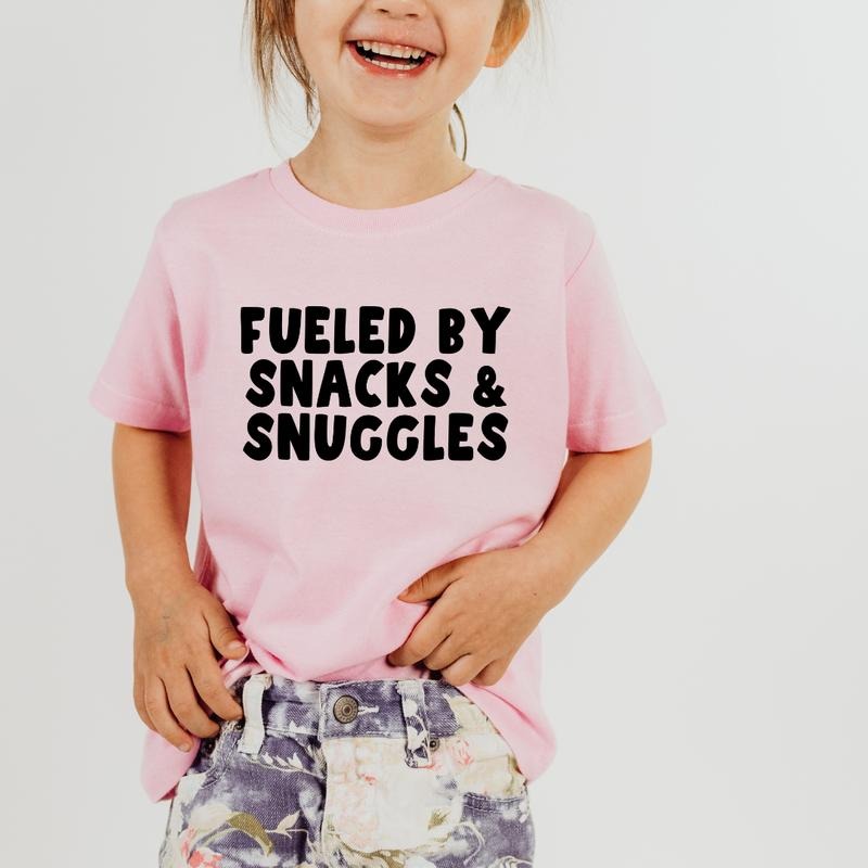 Fueled By Snacks & Snuggles, Toddler T-Shirts & Baby Bodysuits, Graphic Infant Clothes, Cute Baby Shower Gift, Trendy Kids Apparel, Soft Cotton Outfits