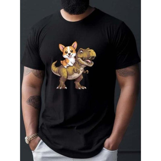 Fun Summer Tees for Men - Corgi On A Dinosaur Print Short Sleeve T-Shirt, Casual Tee for Summer Made in USA
