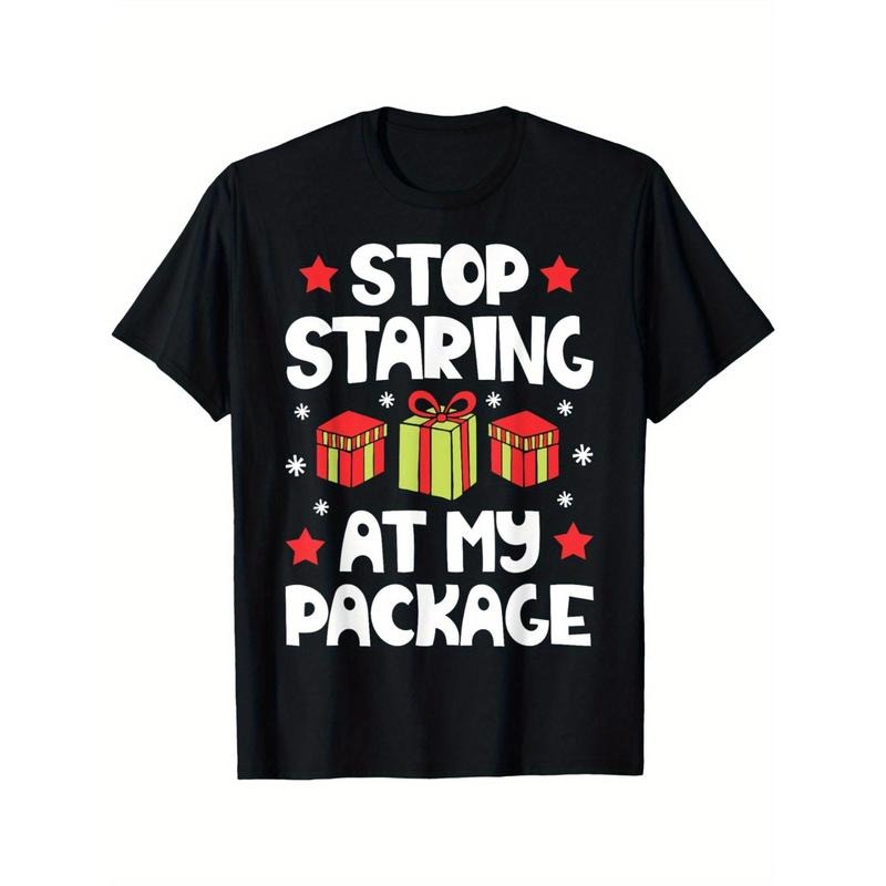 Funny 'Stop Staring At My Package' Christmas T-Shirt for Women - Soft Cotton, Crew Neck, Short Sleeve, Casual Fit Made in USA