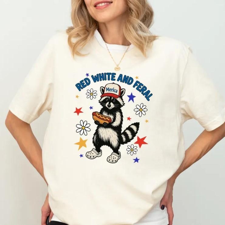 Funny 4th Of July Shirt, American Shirt, Feral And Free Shirt, Funny Raccoon Hot Dog Shirt