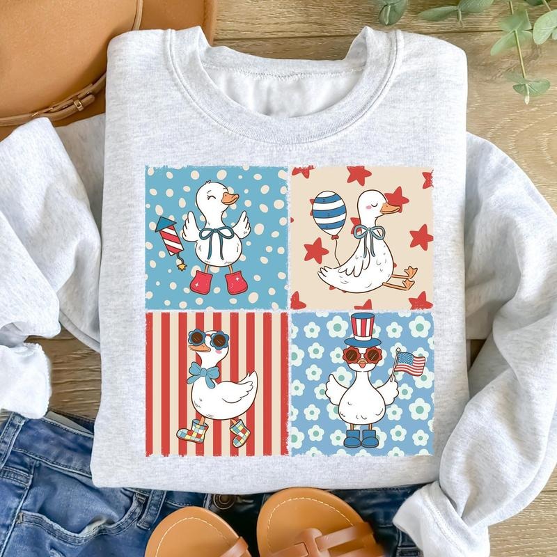 Funny 4th of July Goose Sweatshirt, Patriotic Goose, America Coquette Shirt, Memorial Day, Funny USA, Retro Checkered Goose Shirt