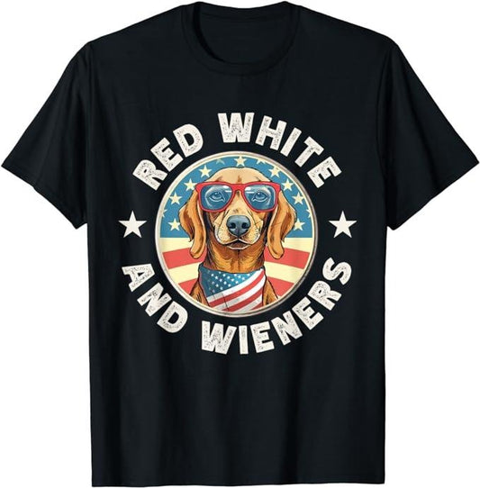 Funny 4th of July Shirts For Men, Funny Dachshund Red White and Wieners Weiner Dog 4th of July T-Shirt Menswear Top Casual Cotton
