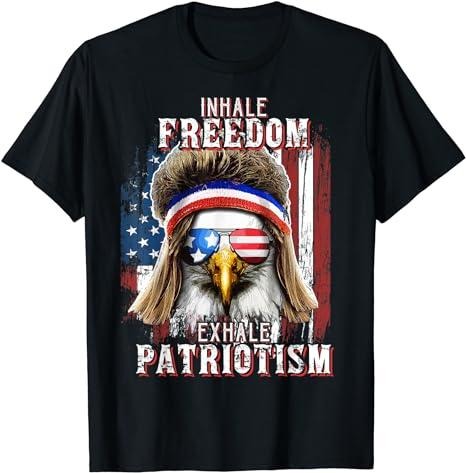 Funny 4th of July Shirts For Men, Inhale Freedom Exhale Patriotism Eagle Mullet July 4th T-Shirt Menswear Top Casual Cotton Casual Cotton