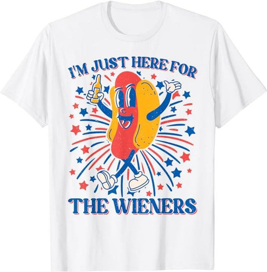 Funny 4th of July Shirts For Men, Just Here For The Wieners Hot Dog Funny 4Th Of July T-Shirt Menswear Casual Cotton Fashion Smooth