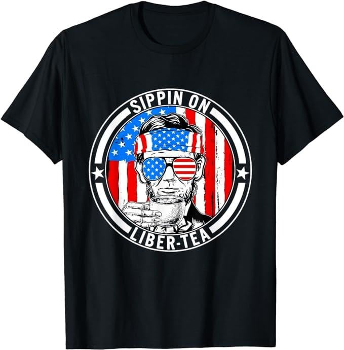 Funny 4th of July Shirts For Men, Sippin On Liber-Tea Liberty USA Flag T-Shirt Menswear Top Casual Cotton