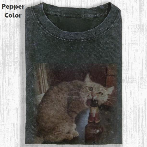 Funny Animal Vintage Graphic Tee, Cat Craving for Alcohol T-Shirt, Animal Shirt, Unisex Meme Cringe Funny Shirt, Menswear Womenswear Streetwear Cotton Comfort