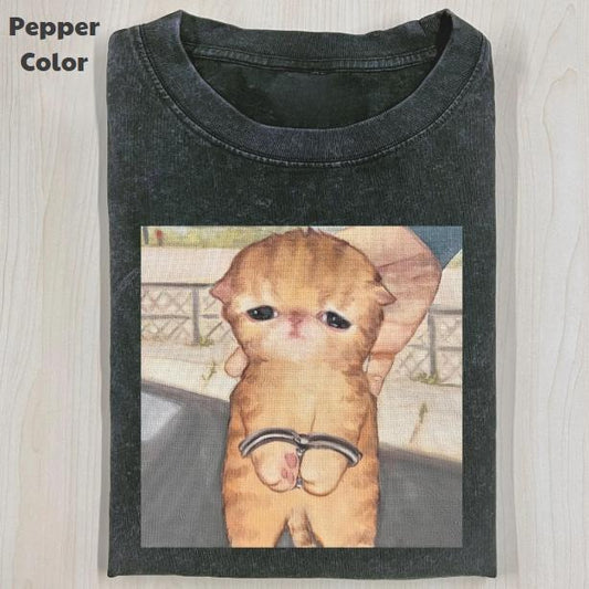 Funny Animal Vintage Graphic Tee, Cat Detained T-Shirt, Animal Shirt, Unisex Meme Cringe Funny Shirt, Menswear Womenswear Streetwear Cotton Comfort