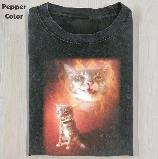 Funny Animal Vintage Graphic Tee, Cat Portrait Fire T-Shirt, Animal Shirt, Unisex Meme Cringe Funny Shirt, Menswear Womenswear Streetwear Cotton Comfort