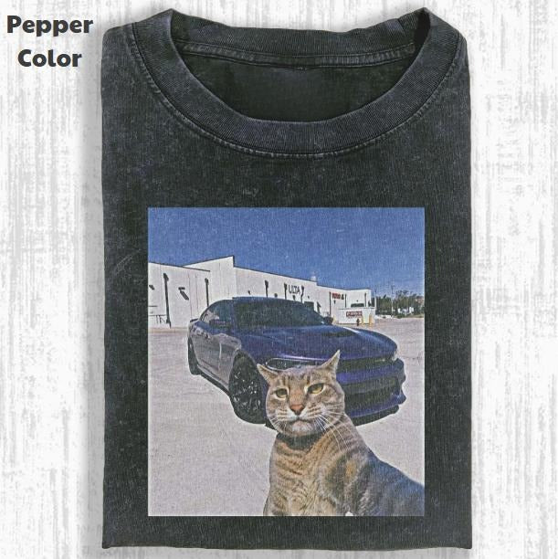 Funny Animal Vintage Graphic Tee, Cat Selfie With Car T-Shirt, Animal Shirt, Unisex Meme Cringe Funny Shirt, Menswear Womenswear Streetwear Cotton Comfort