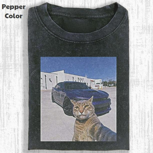 Funny Animal Vintage Graphic Tee, Cat Selfie With Car T-Shirt, Animal Shirt, Unisex Meme Cringe Funny Shirt, Menswear Womenswear Streetwear Cotton Comfort