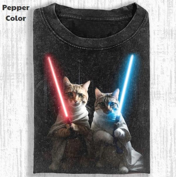 Funny Animal Vintage Graphic Tee, Lightsaber Cat T-Shirt, Stupid Cat Animal Shirt, Unisex Meme Cringe Funny Shirt, Menswear Womenswear Streetwear Cotton Comfort