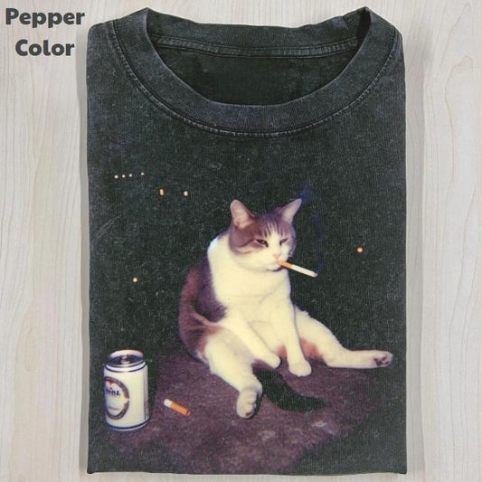 Funny Animal Vintage Graphic Tee, Midnight Existential Cat T-Shirt, Stupid Cat Animal Shirt, Unisex Meme Cringe Funny Shirt, Menswear Womenswear Streetwear Cotton Comfort