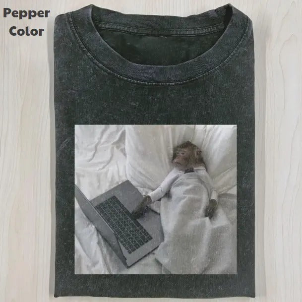Funny Animal Vintage Graphic Tee, Monkey Using Laptop T-Shirt, Animal Shirt, Unisex Meme Cringe Funny Shirt, Menswear Womenswear Streetwear Cotton Comfort