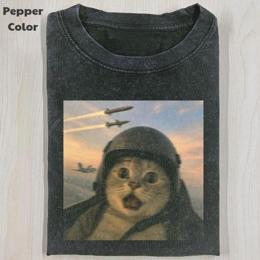 Funny Animal Vintage Graphic Tee, Soldier Cat T-Shirt, Cat Wars Animal Shirt, Unisex Meme Cringe Funny Shirt, Menswear Womenswear Streetwear Cotton Comfort