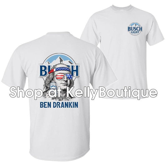 Funny Ben Drankin Busch Light Benjamin Franklin Drinking 4th of July T-Shirt, Independence Day 2 Sided Unisex Cotton T-shirt for Men for Women