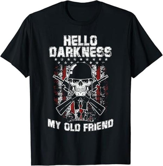 Funny Best Friend Shirts, Gift For Best Friend, Hello Darkness My Old Friend Veteran Skull US Flag Gift T-Shirt Menswear Top Casual Classic