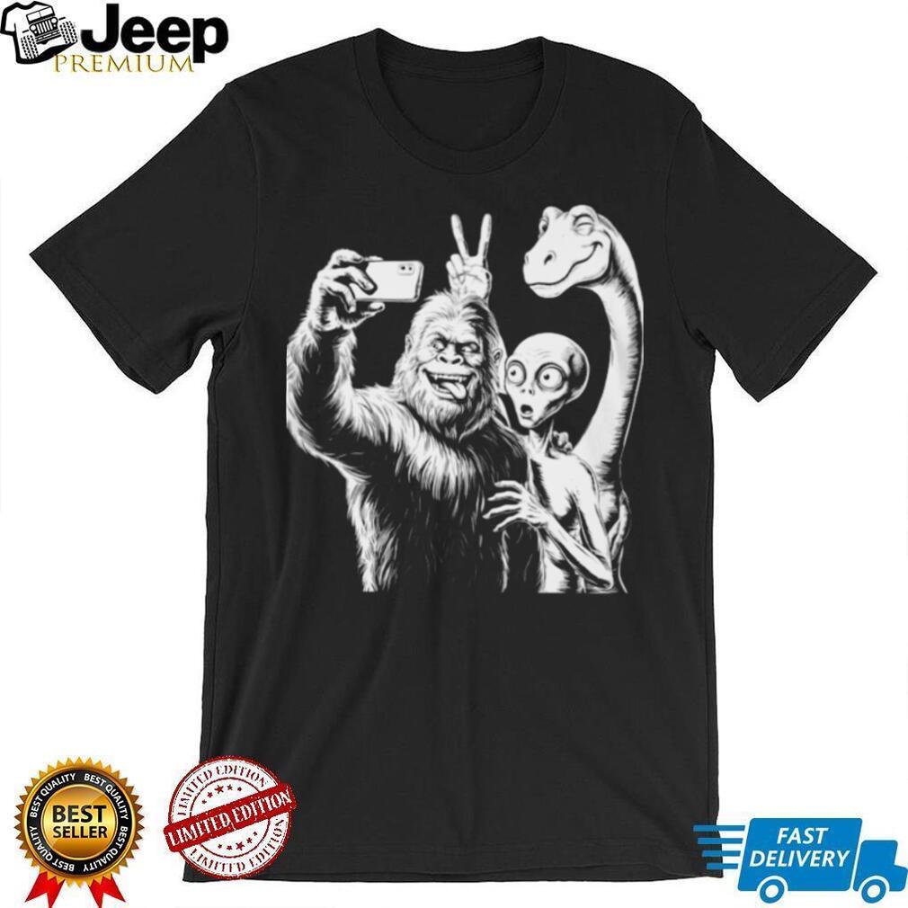 Funny Bigfoot Alien and Dinosaur Selfie Friends Graphic T Shirt
