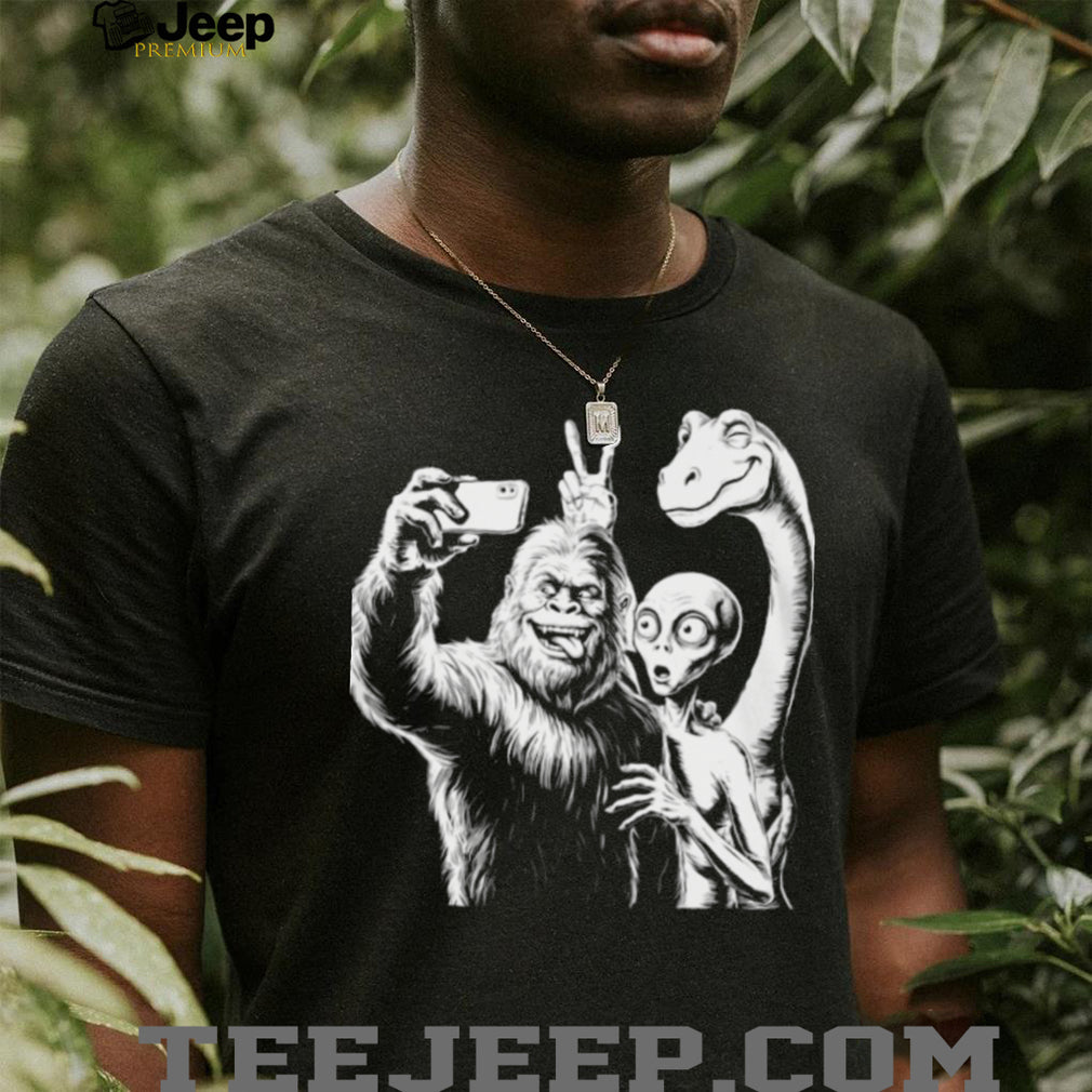 Funny Bigfoot Alien and Dinosaur Selfie Friends Graphic T Shirt