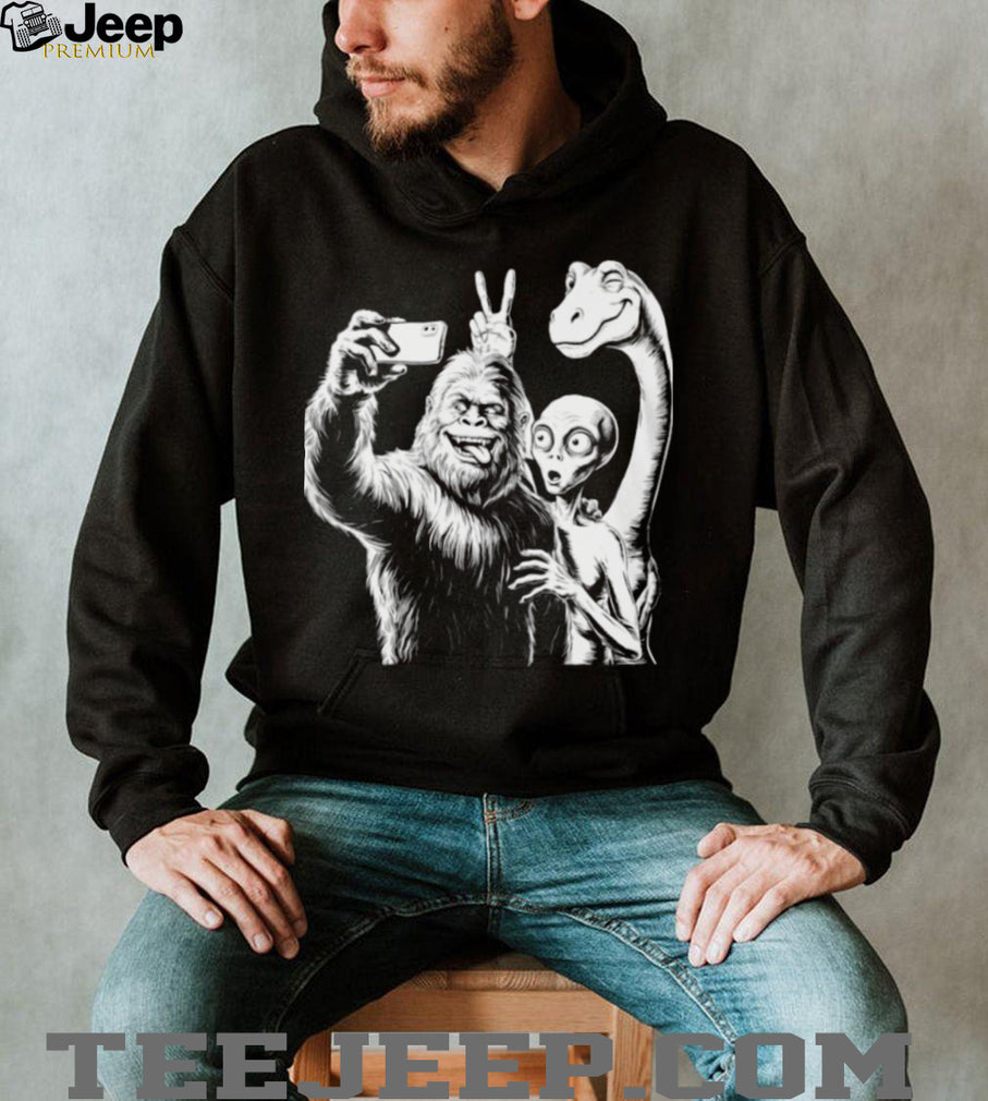 Funny Bigfoot Alien and Dinosaur Selfie Friends Graphic T Shirt