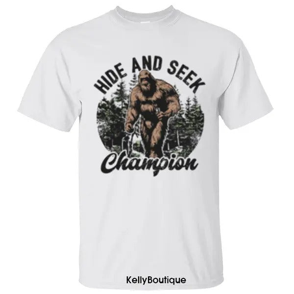 Funny Bigfoot Hide and Seek Champion Sasquatch Shirt, National Park Camping Hiking Lovers Unisex Cotton T-shirt for Men for Women