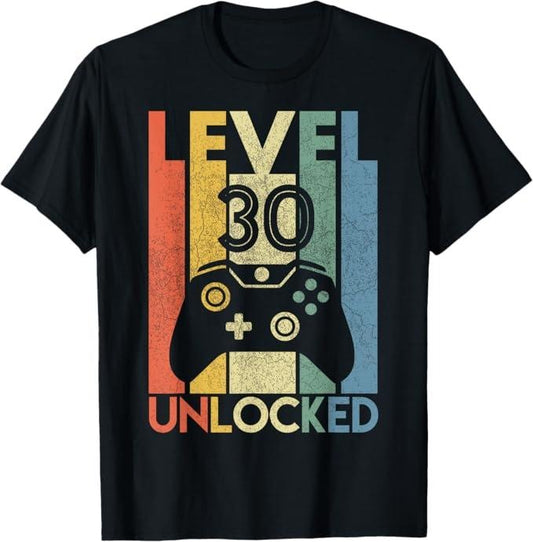 Funny Birthday Shirts, Level 30 Unlocked Funny Video Gamer 30th Birthday Gift T-Shirt - Menswear Top