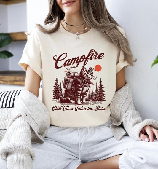 Funny Camping Cats Shirt, Campfire Nights Shirt, Gift For Mom, Gift For Girl, Vacation Camp Shirt, Holiday Camp Shirt, Summer Vibes Shirt,