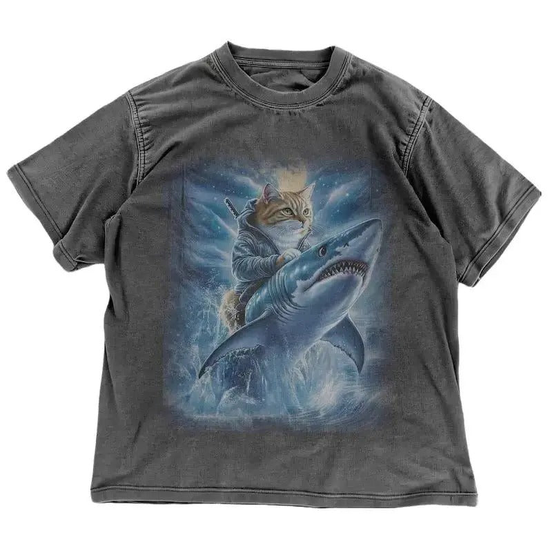 Funny Cat Riding Shark T-shirt - Vintage Night Forest Graphic Shirt - Funny Cat Warrior Ocean Graphic Tee - Animal Fantasy Gift 100% cotton Menswear