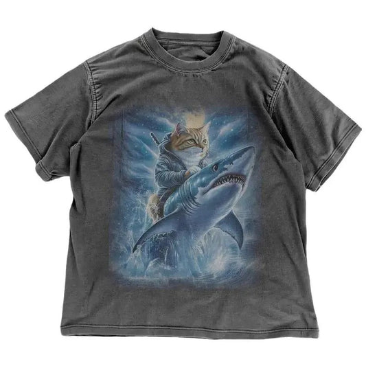 Funny Cat Riding Shark T-shirt - Vintage Night Forest Graphic Shirt - Funny Cat Warrior Ocean Graphic Tee - Animal Fantasy Gift 100% cotton Menswear