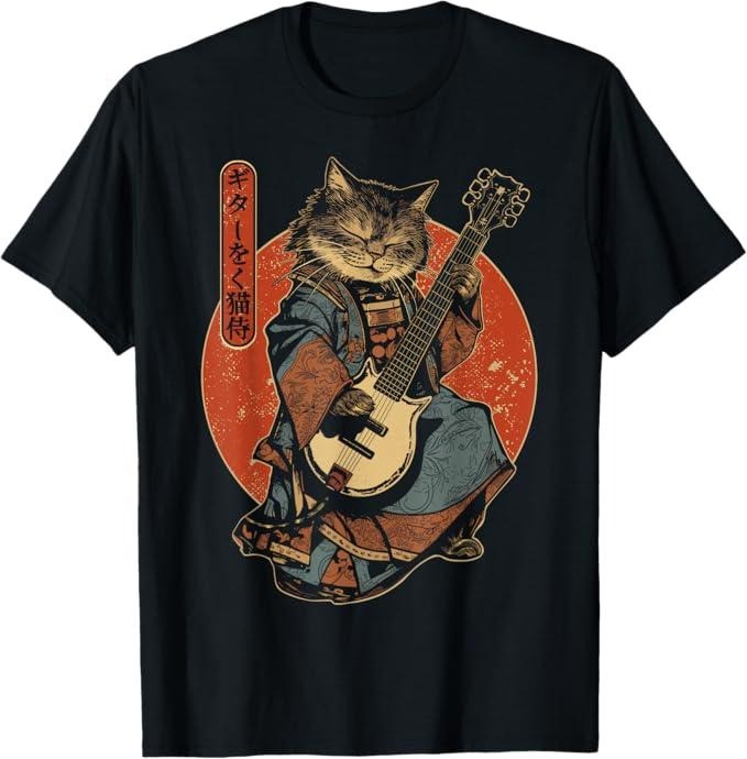Funny Cat Shirts, Japanese Samurai Cat Playing The Electric Guitar T-Shirt - Menswear Top