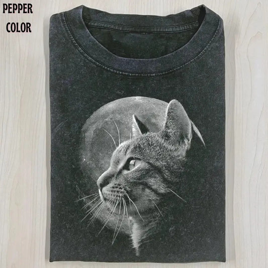 Funny Cat in Moonlight T-Shirt - Vintage Graphic 90's Style for Women