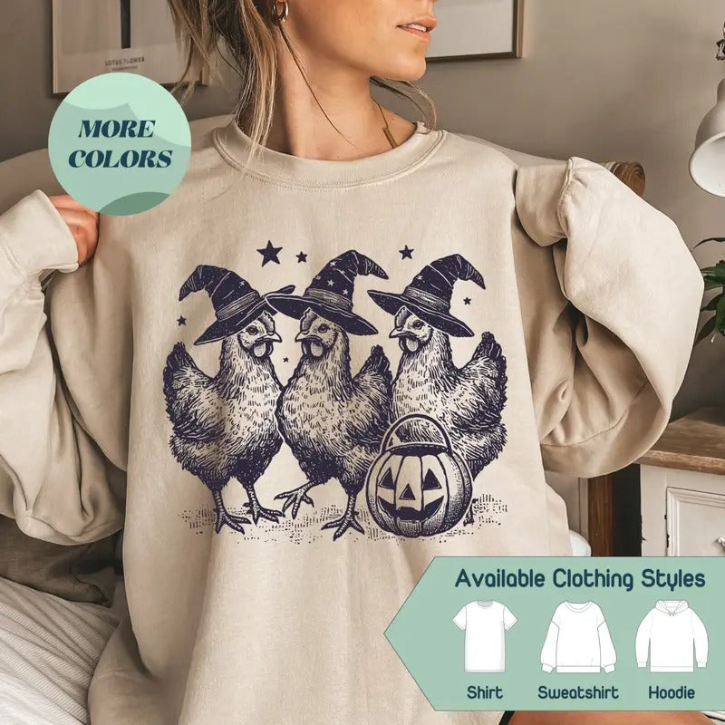 Funny Chicken Witches Halloween Sweatshirt, Vintage Chicken Witch Sweater, Hilarious Women's Halloween Gift, Fun Halloween Tee sweatshirts