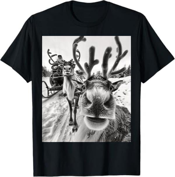 Funny Christmas Shirt, Christmas Gift, Funny Reindeer Selfie Christmas T-Shirt - Menswear Top