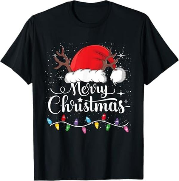 Funny Christmas Shirts, Merry Christmas Red Santa Hat Reindeer Xmas Family T-Shirt - Menswear Top